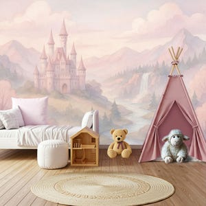 May include: A whimsical children's bedroom scene featuring a pink castle mural, a white bed with pillows, a teepee, and a plush sheep. A teddy bear and a dollhouse sit on the wooden floor, with a round rug in the foreground.