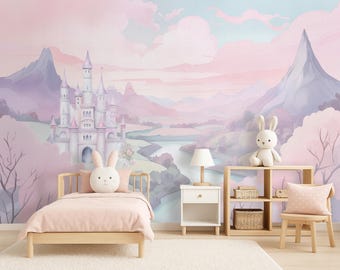 May include: A bedroom scene featuring a light wood bed with a pink quilt and a white bunny pillow, a white nightstand with a lamp, and a wooden shelf holding a bunny plush and baskets. The wall displays a mural of a castle in a pink landscape.
