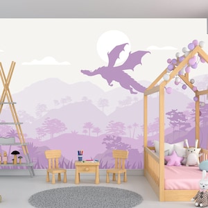 Dragon Wallpaper Peel and Stick Girl Bedroom, Forest Landscape Wallpaper Mural  Removable, Pink Ombre Wall Art Nursery, Adhesive, Non-Woven