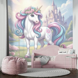 Magical Unicorn Wallpaper Peel and Stick Girl Room – Fantasy Wall paper Mural for Nursery, Pastel Princess & Fairyland Wall Decor Removable