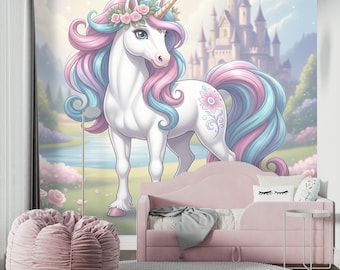 Magical Unicorn Wallpaper Peel and Stick Girl Room – Fantasy Wall paper Mural for Nursery, Pastel Princess & Fairyland Wall Decor Removable