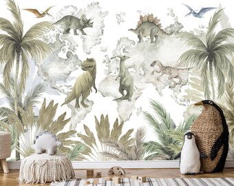 Dinosaurs World Map Wallpaper for Boy Nursery Removable, Jurassic World Wall Mural Adhesive, Kids Playroom,  Peel & Stick Wallcovering
