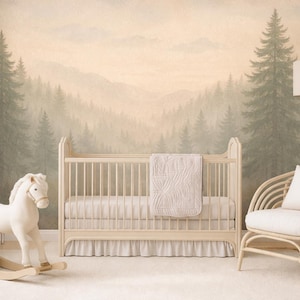 May include: A nursery scene with a light wood crib, a white rocking horse, and a woven chair. The wall features a mural of a misty forest scene in muted greens and browns. A floor lamp with a beige shade provides soft lighting.