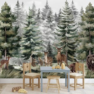 Woodland Animal Wallpaper Playroom Peel & Stick Removable Watercolor Forest Wall Mural Nursery Wall paper Kids Room Magic Forest Decor EM547
