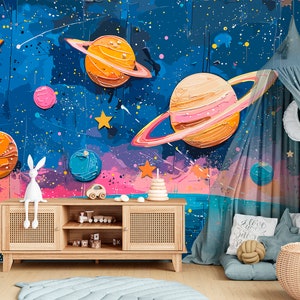 Space Wallpaper Peel and Stick Bedroom Colorful Wallpaper, Rainbow Galaxy Mural Removable, Dark Outer Space Wall paper Universe Galaxy Wall