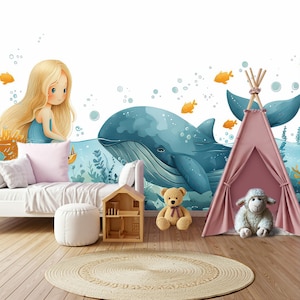 Personalized Ocean Theme Wallpaper Peel and Stick for Kids Room, Watercolor Whale & Mermaid Wall paper Mural Bedroom, Sea Life Nursery Decor