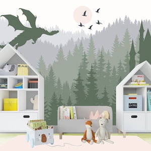 Dragon Wallpaper Mural Kids Room Removable, MountainWallpaper Peel & Stick, Adhesive Non-Woven Forest Wallpaper Magic Castle Wall Mural