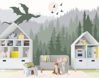 Dragon Wallpaper Mural Kids Room Removable, MountainWallpaper Peel & Stick, Adhesive Non-Woven Forest Wallpaper Magic Castle Wall Mural