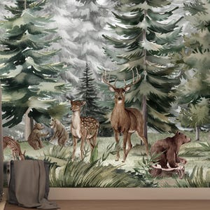 Woodland Animal Wallpaper Playroom Peel & Stick Removable Watercolor Bear Deer Wallpaper Nursery Wall paper Bedroom Magic Forest Decor EM548