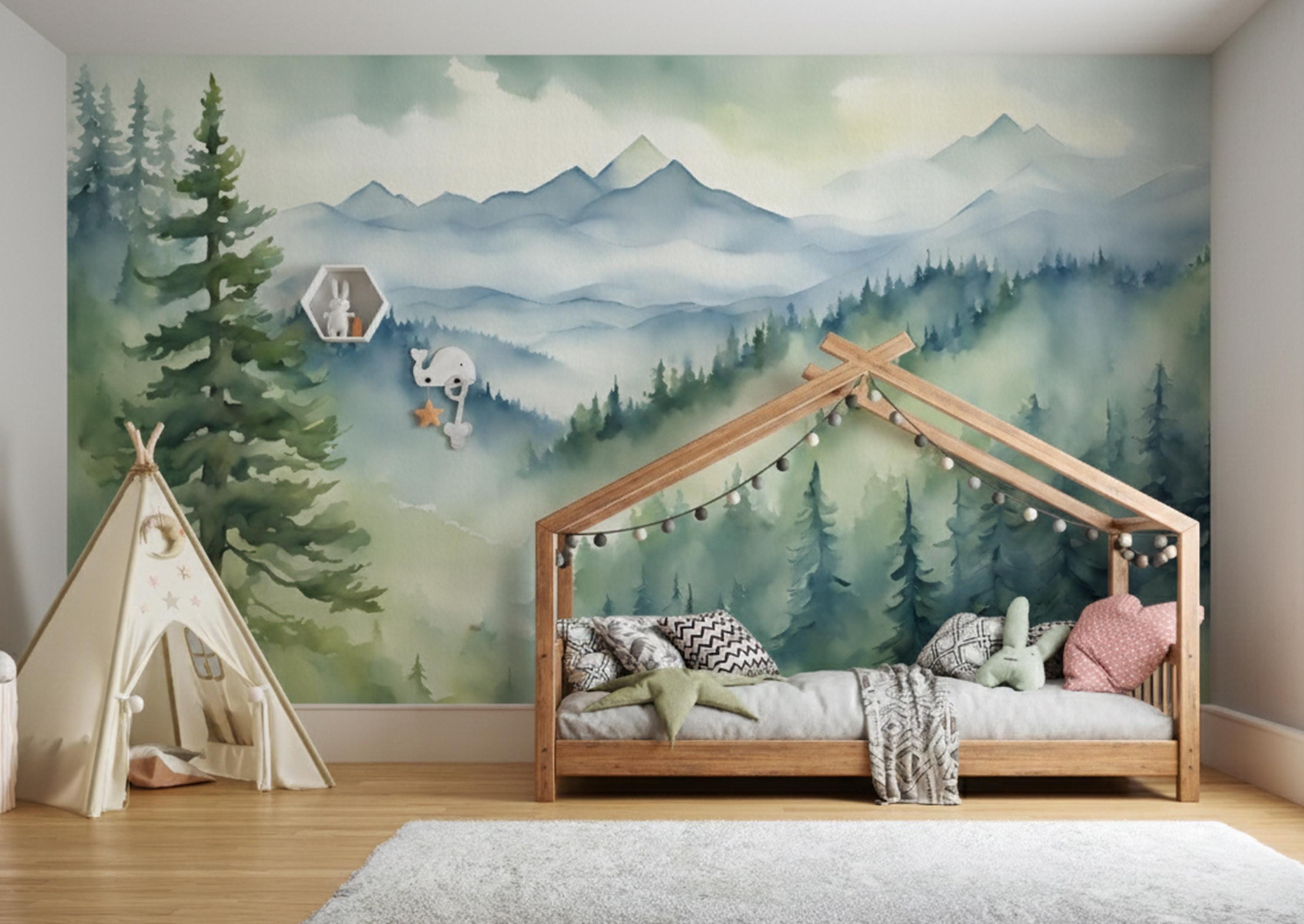 Mountain Wallpaper Peel and Stick Boy Girl Play Room, Watercolor Forest ...