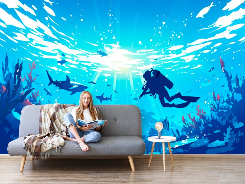 Buy Under the Sea Bedroom Wallpaper, Navy Blue Wall Paper Mural Kids