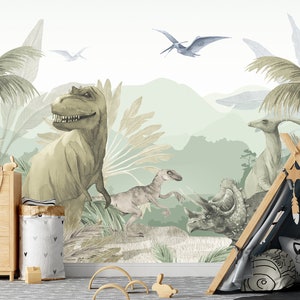 Dinosaurs Wallpaper for Boy Nursery Gray Jurassic World Wall Mural Removable Kids Playroom Tropical Leaf  Self-Adhesive  Peel & Stick