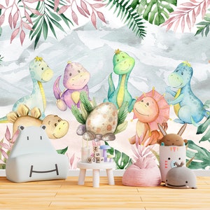 Cute Dinosaur Wallpaper for Baby Nursery Removable / Large Jurassic World Wall Mural Kids Bedroom  Mountain Wallpaper Eco-Friendly Non-Woven
