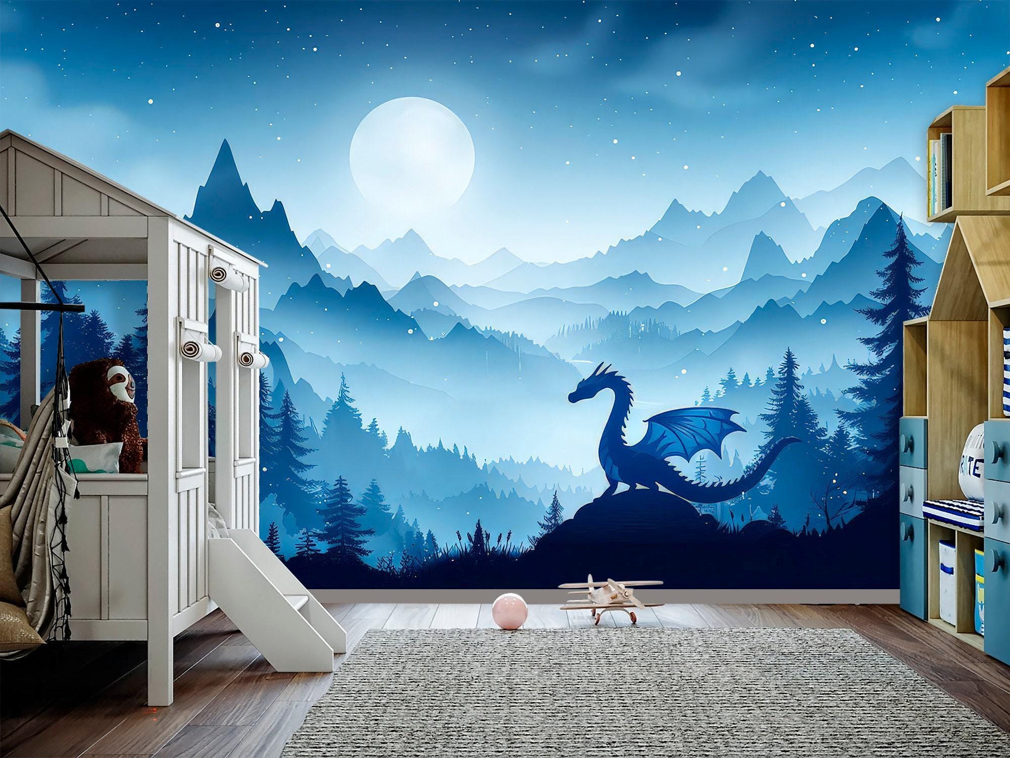 Dragon Wallpaper Peel and Stick Toddler Boy Playroom Blue, Mountain ...