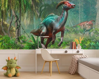Realistic Dino Jungle Wallpaper Kids Room, Colorful Dinosaur Wall Mural Removable, Prehistoric Forest Wall Art for Nursery or Playroom Decor
