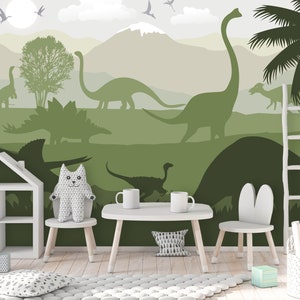 Dinosaur Wallpaper for Boy Nursery Removable / Large Jurassic World Wall Mural Kids Bedroom / Playroom Wallpaper with Mountain Decor