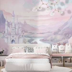 Soft Pink Wallpaper Peel and Stick Girl Nursery Magic Kingdom Princess Castle Wall Paper Mural Mountain Wallpaper Kids Room Removable
