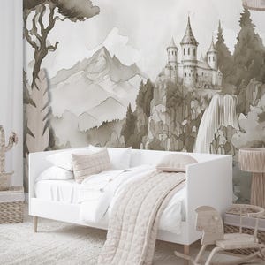 Whimsical Forest Wallpaper Peel and Stick Toddler Girl Nursery Removable, Princess Сastle Wall Covering Kids Room, Fantasy Storybook Mural