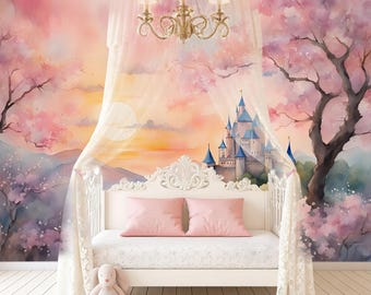 May include: A white bed frame with two pink pillows and a plush toy sits against a wall mural featuring a watercolor castle, pink cherry blossom trees, and a sunset sky. A sheer white canopy hangs from a chandelier above the bed frame.
