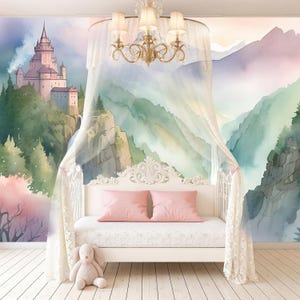 Mountain Forest Wallpaper Peel and Stick Teen Girl Nursery, Magic Kingdom Castle Wall Paper Mural Non-Woven, Anime Art Kids Room Removable
