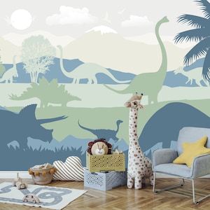 Dinosaur Wallpaper Mural for Boy Nursery Removable / Large Jurassic World Wall Mural Kids Bedroom Wallpaper with Mountain Non-Woven