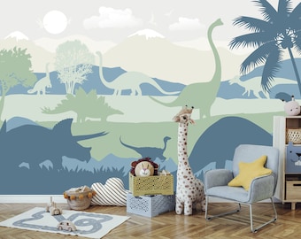 Dinosaur Wallpaper Mural for Boy Nursery Removable / Large Jurassic World Wall Mural Kids Bedroom Wallpaper with Mountain Non-Woven