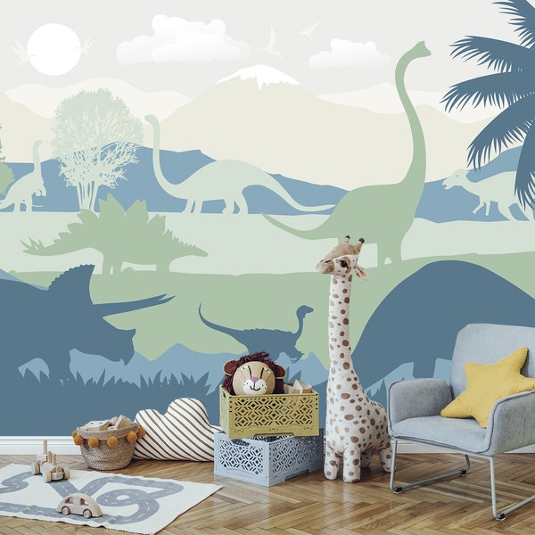 Dinosaur Wallpaper Mural for Boy Nursery Removable / Large Jurassic World Wall Mural Kids Bedroom Wallpaper with Mountain Non-Woven