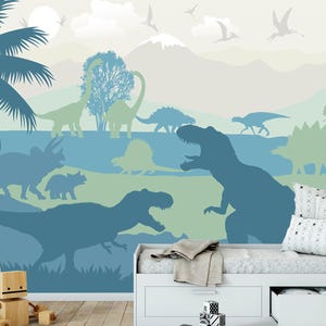 Dinosaurs Wallpaper Baby for Boy Nursery Blue, Large Jurassic World Wall Mural Kids Playroom Removable, Game room Wallpaper Adhesive, T-rex