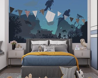 Ship Boy Wallpaper Under the Sea Life for Playroom, Navy Blue Wall paper Mural Kids Bedroom Temporary, Ocean Nursery Décor Custom, Removable