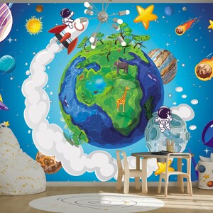 Planet Wall Mural Outer Space Wallpaper Peel and Stick for Kids Room Removable Galaxy Decor with Astronauts and Stars Cosmic Wall Decoration