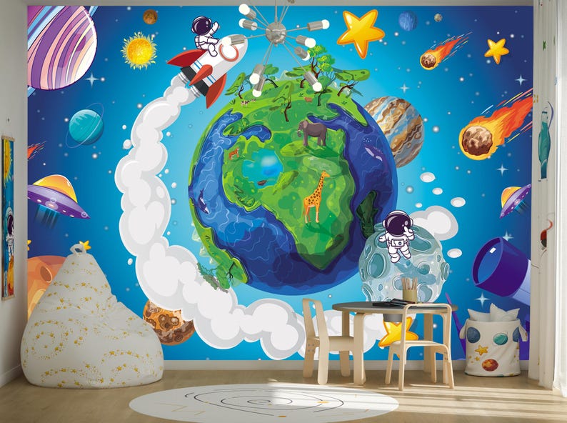Planet Wall Mural Outer Space Wallpaper Peel and Stick for Kids Room ...