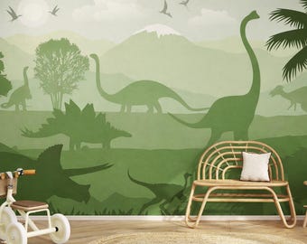 Dinosaur Wallpaper for Boy Nursery Removable / Large Jurassic World Wall Mural Kids Bedroom / Playroom Wallpaper with Mountain Decor