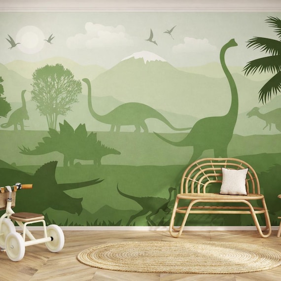 Dinosaur Wallpaper for Boy Nursery Removable / Large Jurassic World Wall Mural Kids Bedroom / Playroom Wallpaper with Mountain Decor