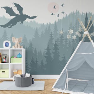 Dragon Wallpaper Peel and Stick  Kids Playroom Removable, Mountain Landscape Wallpaper Mural, Forest Castle Wall Decor Adhesive Non-Woven