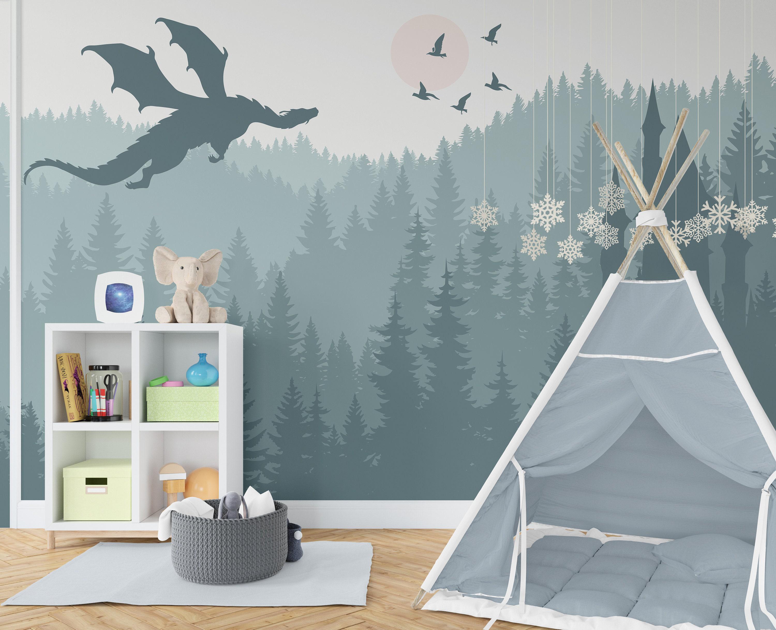 Dragon Wallpaper Peel and Stick  Kids Playroom Removable, Mountain Landscape Wallpaper Mural, Forest Castle Wall Decor Adhesive Non-Woven