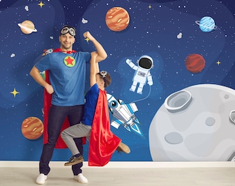 Spaceman Wallpaper for Toddler Boy Nursery Removable. Cosmic Room Wall Murals Peel and Stick. Space Kids Wallpaper Adhesive. Galaxy