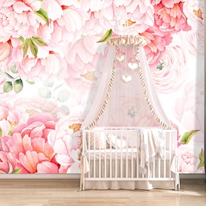 Tender Watercolor Peony Wallpaper Peel and Stick Baby Nursery, Large Pink Peony Flowers Mural Kids, Vintage Peony Wallpaper Exclusive Design