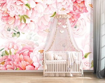 Tender Watercolor Peony Wallpaper Peel and Stick Baby Nursery, Large Pink Peony Flowers Mural Kids, Vintage Peony Wallpaper Exclusive Design
