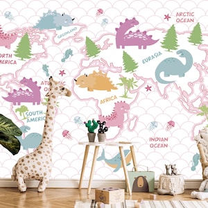 Watercolor Dinosaur Wallpaper for Girl Nursery Pink Removable Jurassic World Wall Mural  World Map Wallpaper Playroom Adhesive Peel & Stick