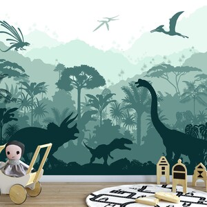 Soft Pastel Green Dinosaur Wallpaper for Nursery Jurassic World Wall Mural Kids Bedroom Tropical Forest Wallpaper with Mountain Removable