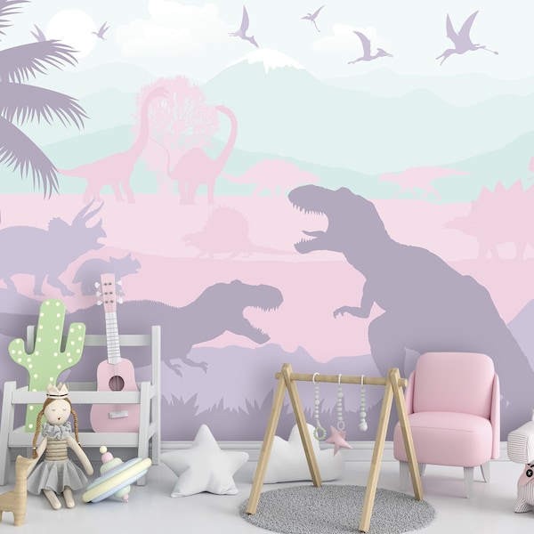 Dinosaur Wallpaper Peel and Stick Girl Bedroom, T-Rex Wall paper Mural Removable, Large Jurassic Decor Nursery, Playroom Wallpaper Woven