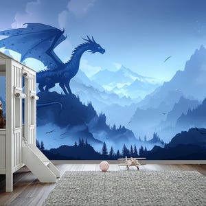 Dragon Wallpaper Peel and Stick Toddler Bedroom, Mountains Landscape Wallpaper Mural Playroom Removable, Forest Wall paper Nursery, Adhesive