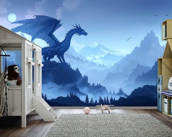 Dragon Wallpaper Peel and Stick Toddler Bedroom, Mountains Landscape Wallpaper Mural Playroom Removable, Forest Wall paper Nursery, Adhesive