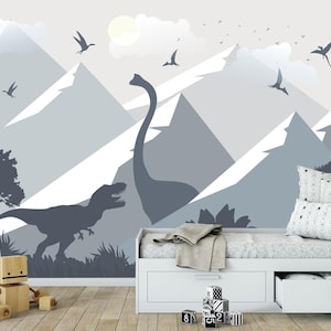 Soft Pastel Watercolor Mountain Wallpaper for Toddler Boy Bedroom Dinosaur Wall Mural Removable Large Dino Jurassic World Wall Decor Kids