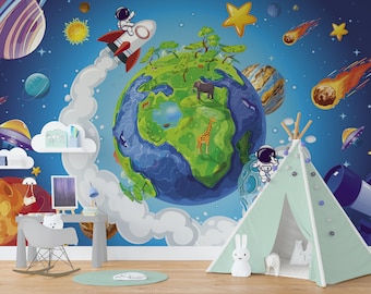 Planets Wallpaper Boys Room Removable, Galaxy Wallpaper Peel and Stick, Outer Space Wallpaper Kids, Solar System, Stars
