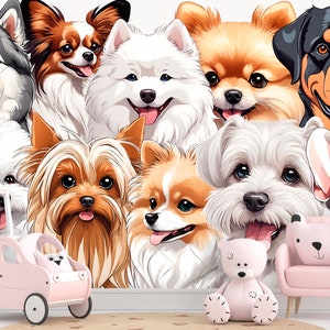 Dog Wallpaper Mural Peel and Stick Nursery, Pets Bedroom Pattern Colorful Wallpaper Dog Wall Decor Dogs Wallpaper Playroom Funky Living Room