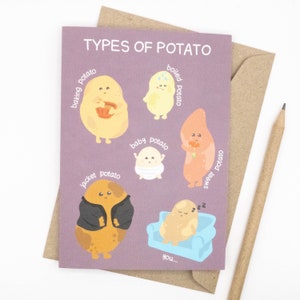 May include: A purple card with the text "TYPES OF POTATO" and illustrations of different types of potatoes, including a baking potato, a boiled potato, a baby potato, a jacket potato, a sweet potato, and a potato on a sofa. The text "you..." is at the bottom of the card.