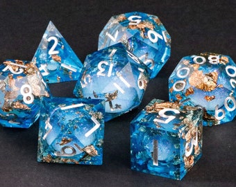 Liquid core blue resin gold foil dice set , dungeons and dragons dice set , Liquid core dice set for dnd gifts , rpg resin liquid dice set