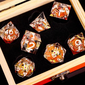 Bee Liquid Core Dice Set | Orange Resin RPG Dice | Orange Liquid Core Dice with box for dnd gifts image 11