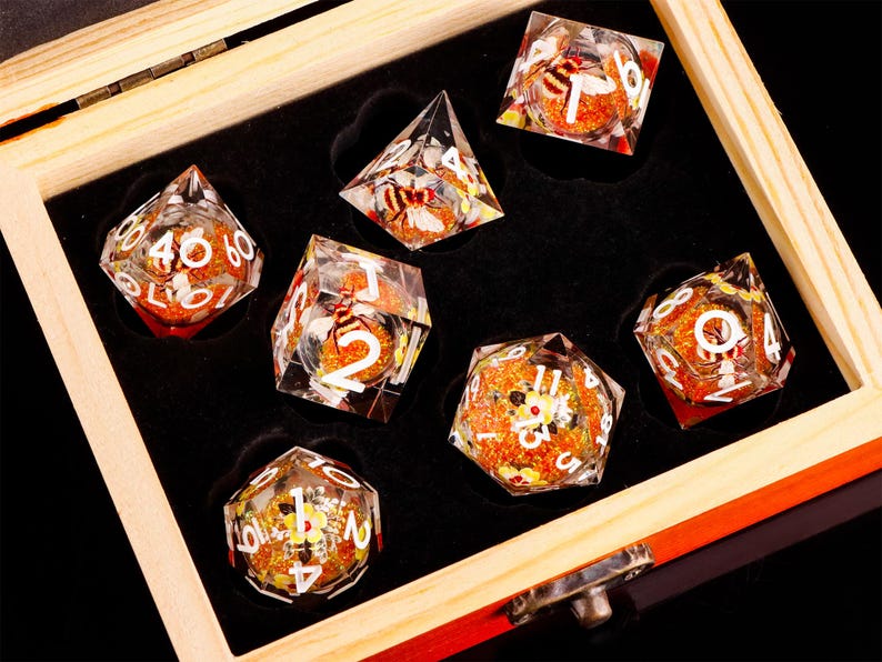 Bee Liquid Core Dice Set | Orange Resin RPG Dice | Orange Liquid Core Dice with box for dnd gifts image 11